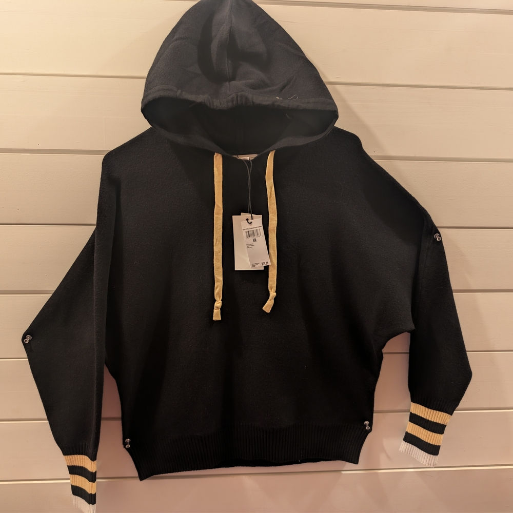 Black Hooded Sweater with Striped Cuffs